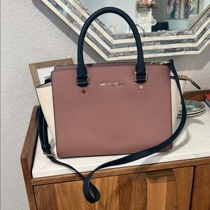 Michael Kors Rose Pink and Cream Saffiano Leather Satchel with Black Trim